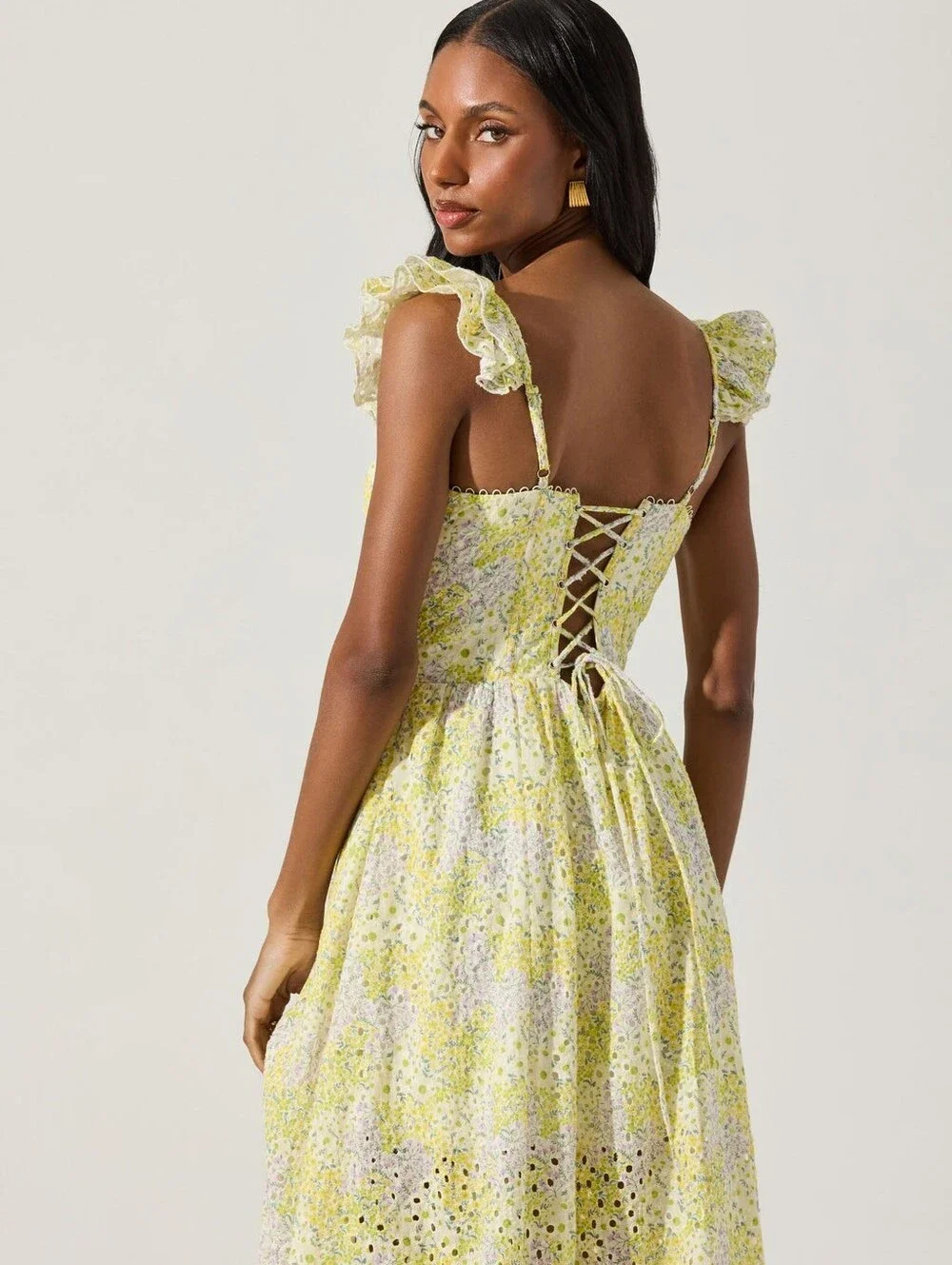 Astr Yellow Floral Eyelet Midi Dress - Picture 10 of 14